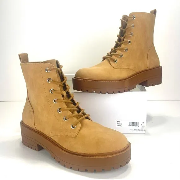 DV DOLCE VITA &quot;PRIMM&quot; CAMEL/TAN PLATFORM LUG SOLE COMBAT BOOTS / BOOTIES🆕