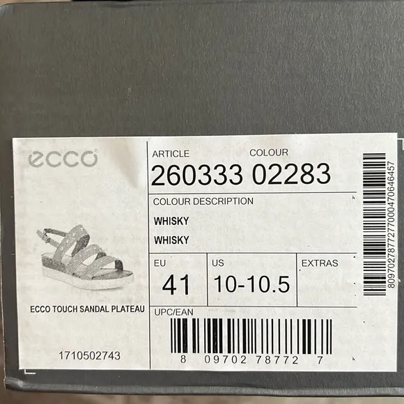 ECCO Whisky Touch Plateau Leather Sandals, Size EU 41 | US 10-10.5 New in Box