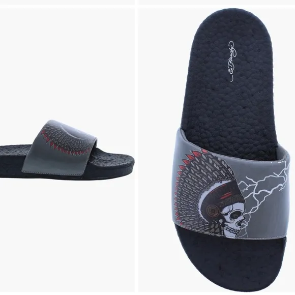 Ed Hardy Leather Slide Sandals SZ 12 Black