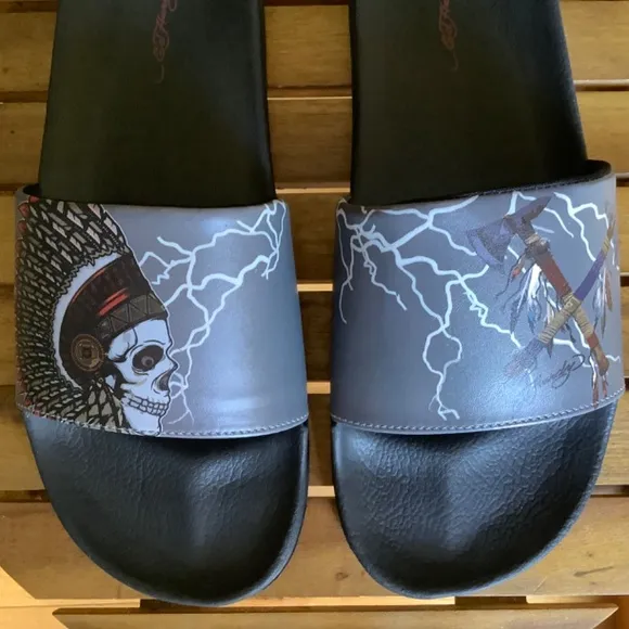 Ed Hardy Leather Slide Sandals SZ 12 Black