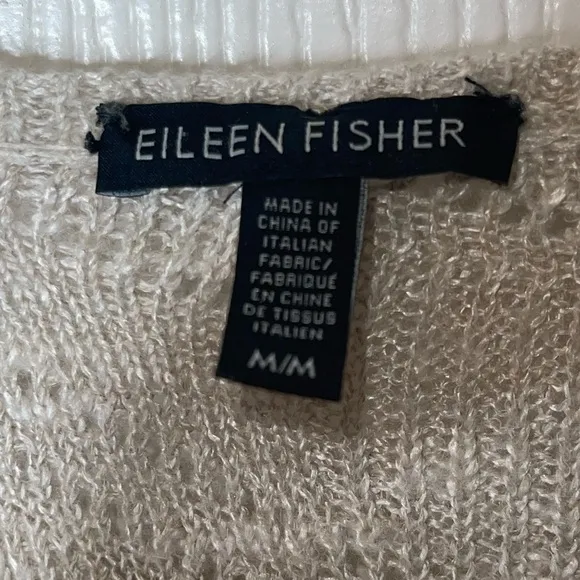 EILEEN FISHER Beige Cream Open Knit 3/4 Sleeve High Low Hem Pullover Sweater M