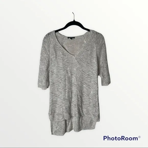 EILEEN FISHER Beige Cream Open Knit 3/4 Sleeve High Low Hem Pullover Sweater M