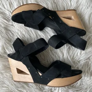Eileen Fisher Black Suede Wood Platform Cutout Wedge Studded Sandals EUC Size 9