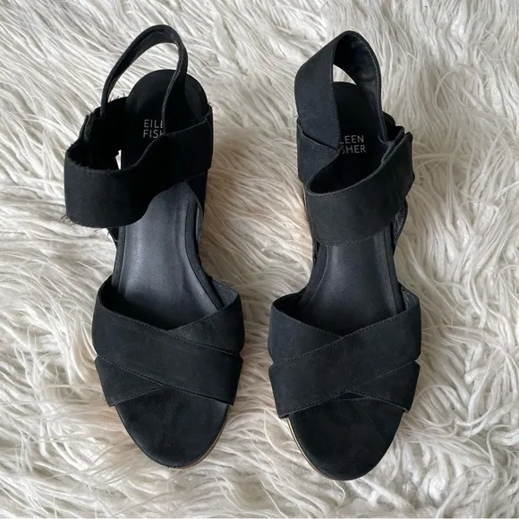 Eileen Fisher Black Suede Wood Platform Cutout Wedge Studded Sandals EUC Size 9