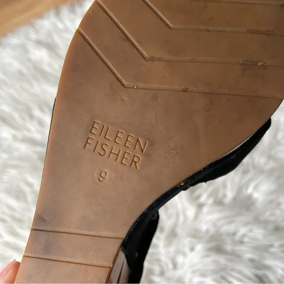 Eileen Fisher Black Suede Wood Platform Cutout Wedge Studded Sandals EUC Size 9