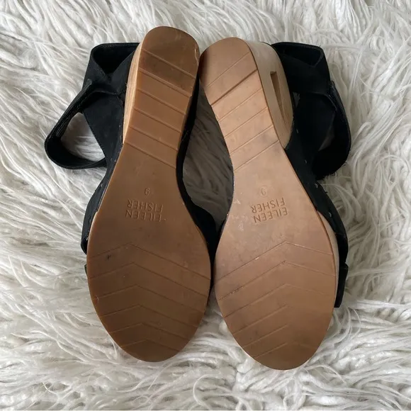 Eileen Fisher Black Suede Wood Platform Cutout Wedge Studded Sandals EUC Size 9