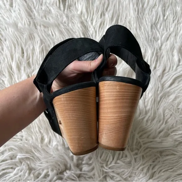 Eileen Fisher Black Suede Wood Platform Cutout Wedge Studded Sandals EUC Size 9