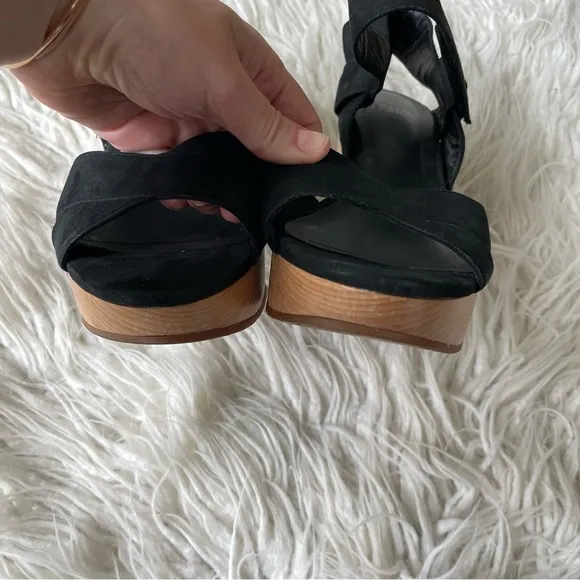 Eileen Fisher Black Suede Wood Platform Cutout Wedge Studded Sandals EUC Size 9