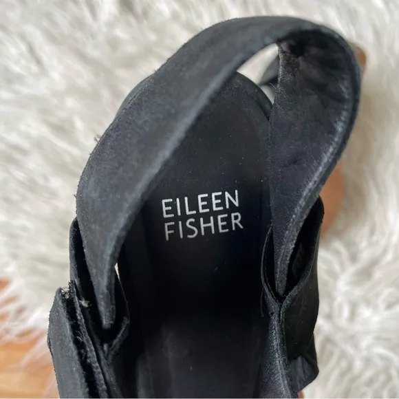 Eileen Fisher Black Suede Wood Platform Cutout Wedge Studded Sandals EUC Size 9