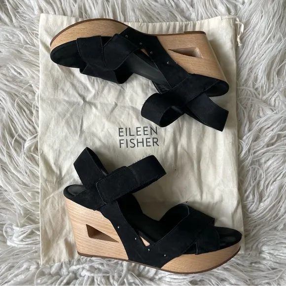 Eileen Fisher Black Suede Wood Platform Cutout Wedge Studded Sandals EUC Size 9