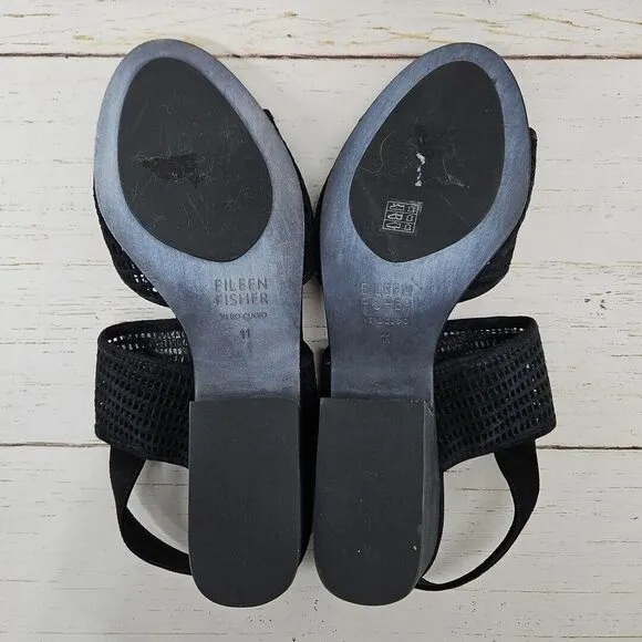 Eileen Fisher Finn‎ Womens 11 Black Perforated Suede Leather Slingback Sandals