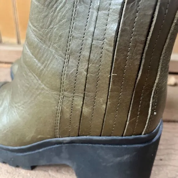 Eileen Fisher Kat Ankle Boots Olive Green Leather Nubuck Bootie Size 7