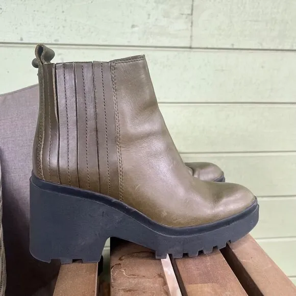 Eileen Fisher Kat Ankle Boots Olive Green Leather Nubuck Bootie Size 7