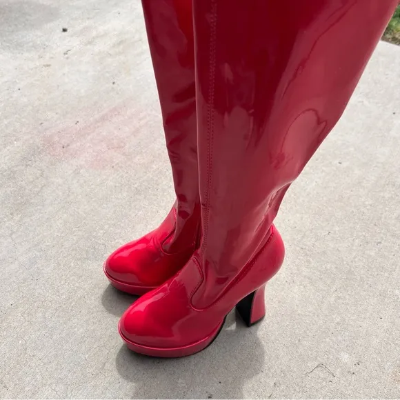Ellie Knee High Zip Up Faux Patent Leather Red Gogo Platform Heel Boots