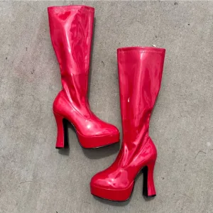 Ellie Knee High Zip Up Faux Patent Leather Red Gogo Platform Heel Boots