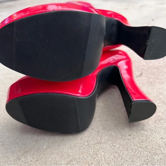 Ellie Knee High Zip Up Faux Patent Leather Red Gogo Platform Heel Boots