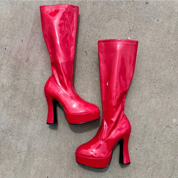 Ellie Knee High Zip Up Faux Patent Leather Red Gogo Platform Heel Boots