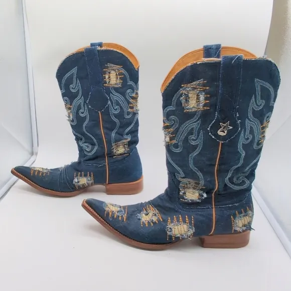 Embroidered Blue Denim Los Altos Western Boots Mens sz 9.5 EE Pointed Toe