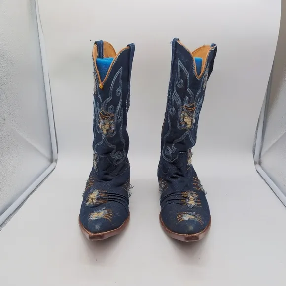 Embroidered Blue Denim Los Altos Western Boots Mens sz 9.5 EE Pointed Toe