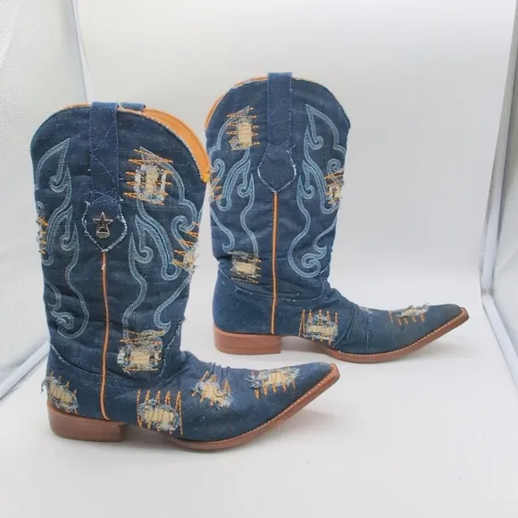 Embroidered Blue Denim Los Altos Western Boots Mens sz 9.5 EE Pointed Toe