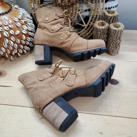 EUC Sorel Addington Womens 9.5/40.5 Lace-Up Moto Boots Elk Tan Leather