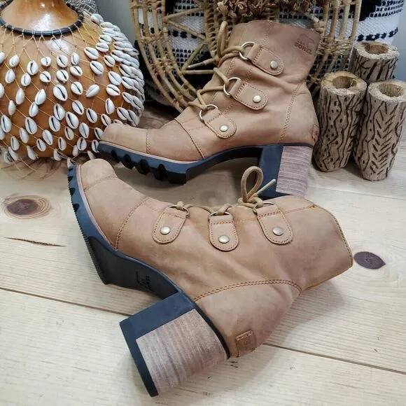 EUC Sorel Addington Womens 9.5/40.5 Lace-Up Moto Boots Elk Tan Leather