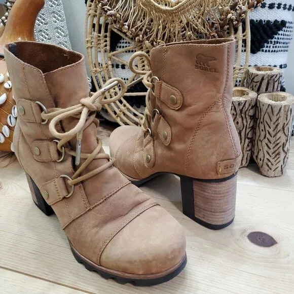 EUC Sorel Addington Womens 9.5/40.5 Lace-Up Moto Boots Elk Tan Leather