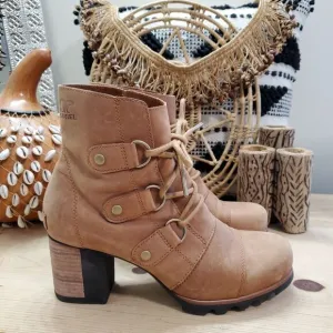 EUC Sorel Addington Womens 9.5/40.5 Lace-Up Moto Boots Elk Tan Leather