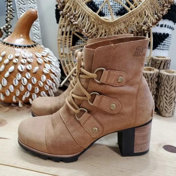 EUC Sorel Addington Womens 9.5/40.5 Lace-Up Moto Boots Elk Tan Leather