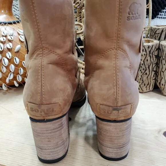 EUC Sorel Addington Womens 9.5/40.5 Lace-Up Moto Boots Elk Tan Leather