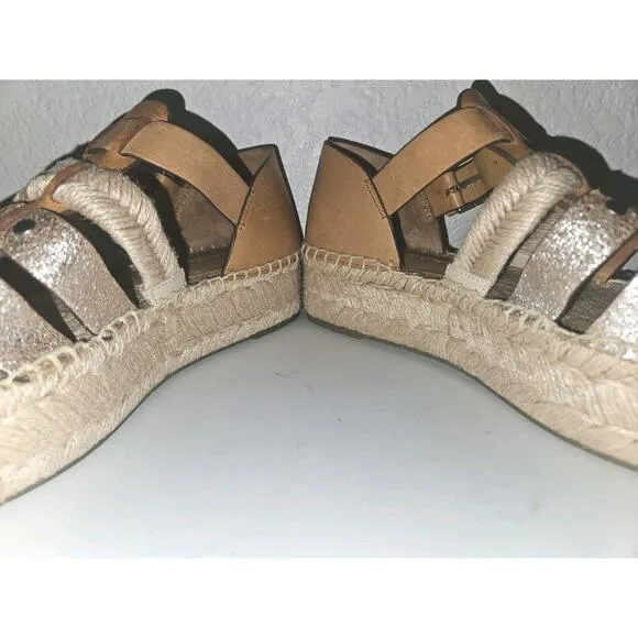 EUC TORY BURCH Fisherman Platform Espadrille Sandals Ivory Tan Leather Wedge 6.5