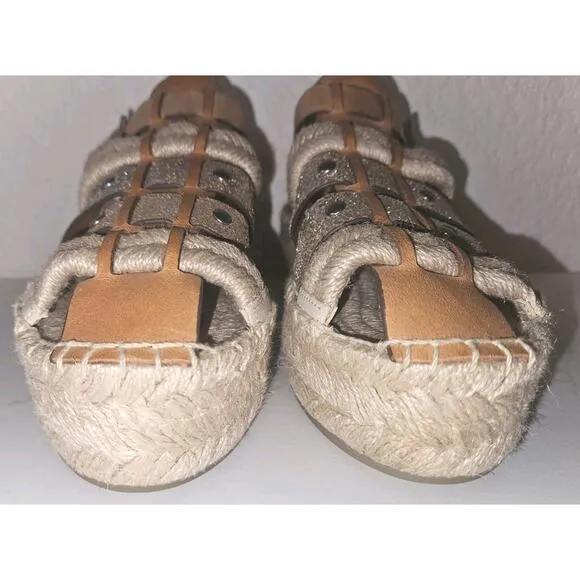 EUC TORY BURCH Fisherman Platform Espadrille Sandals Ivory Tan Leather Wedge 6.5
