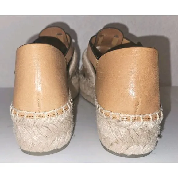 EUC TORY BURCH Fisherman Platform Espadrille Sandals Ivory Tan Leather Wedge 6.5
