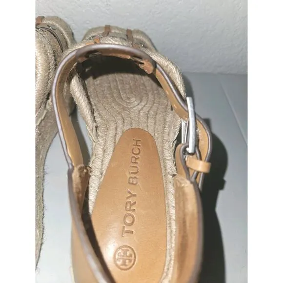EUC TORY BURCH Fisherman Platform Espadrille Sandals Ivory Tan Leather Wedge 6.5