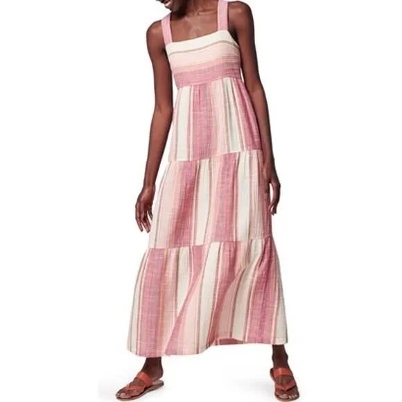 Faherty Striped Tiered Cotton Maxi Dress Sunset Pink Multi Size Large