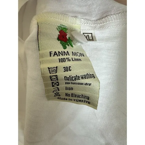 Fanm Mon Kepez White Linen Maxi Dress Kaftan Coverup Floral Embroidery Sz L NWT
