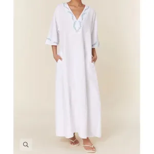 Fanm Mon Kepez White Linen Maxi Dress Kaftan Coverup Floral Embroidery Sz L NWT