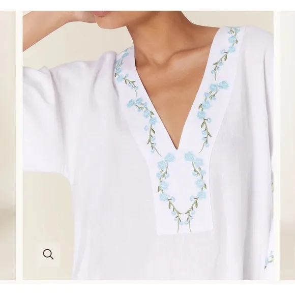 Fanm Mon Kepez White Linen Maxi Dress Kaftan Coverup Floral Embroidery Sz L NWT