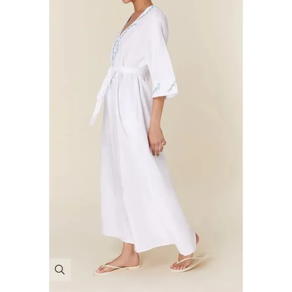 Fanm Mon Kepez White Linen Maxi Dress Kaftan Coverup Floral Embroidery Sz L NWT