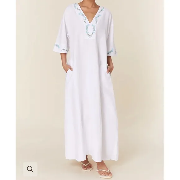 Fanm Mon Kepez White Linen Maxi Dress Kaftan Coverup Floral Embroidery Sz L NWT