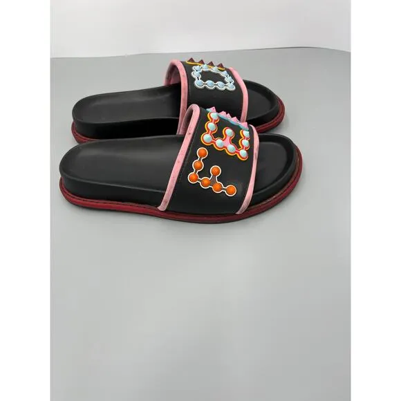 Fendi Multicolor Black &quot;Fun Fair&quot; Studded Logo Pink Trim Leather Slide Sandals