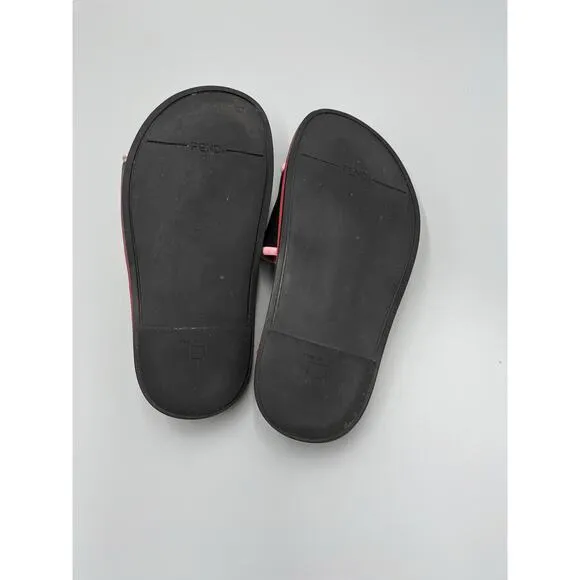 Fendi Multicolor Black &quot;Fun Fair&quot; Studded Logo Pink Trim Leather Slide Sandals