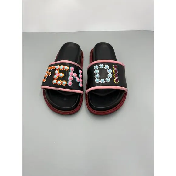 Fendi Multicolor Black &quot;Fun Fair&quot; Studded Logo Pink Trim Leather Slide Sandals