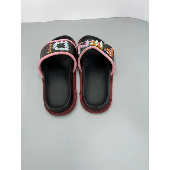 Fendi Multicolor Black &quot;Fun Fair&quot; Studded Logo Pink Trim Leather Slide Sandals