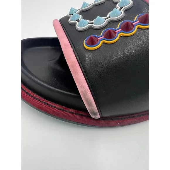 Fendi Multicolor Black &quot;Fun Fair&quot; Studded Logo Pink Trim Leather Slide Sandals