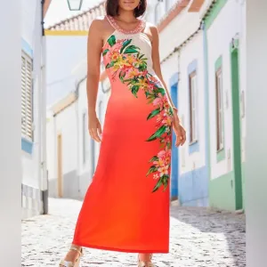 Floral Embellished Knit Maxi Size S COLOR : Coral/Green