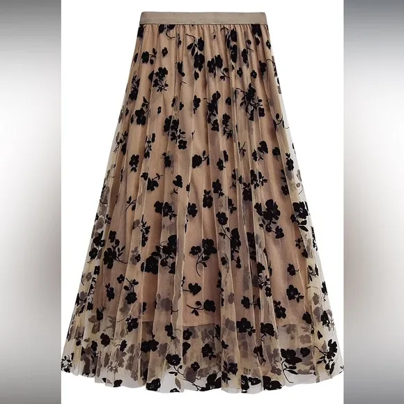 Floral Print Mesh A-Line Midi Skirt (XL-2 XL)