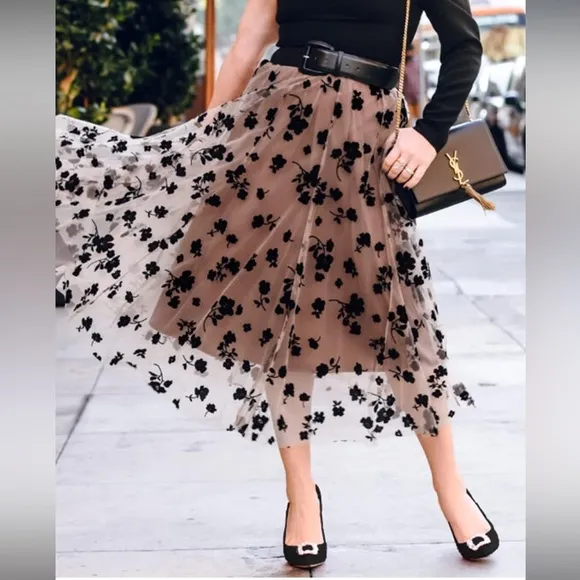Floral Print Mesh A-Line Midi Skirt (XL-2 XL)