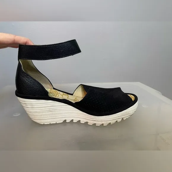 FLY London Perforated Leather Wedge Sandals Yake Black Nubuck 38 US 7.5
