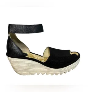 FLY London Perforated Leather Wedge Sandals Yake Black Nubuck 38 US 7.5
